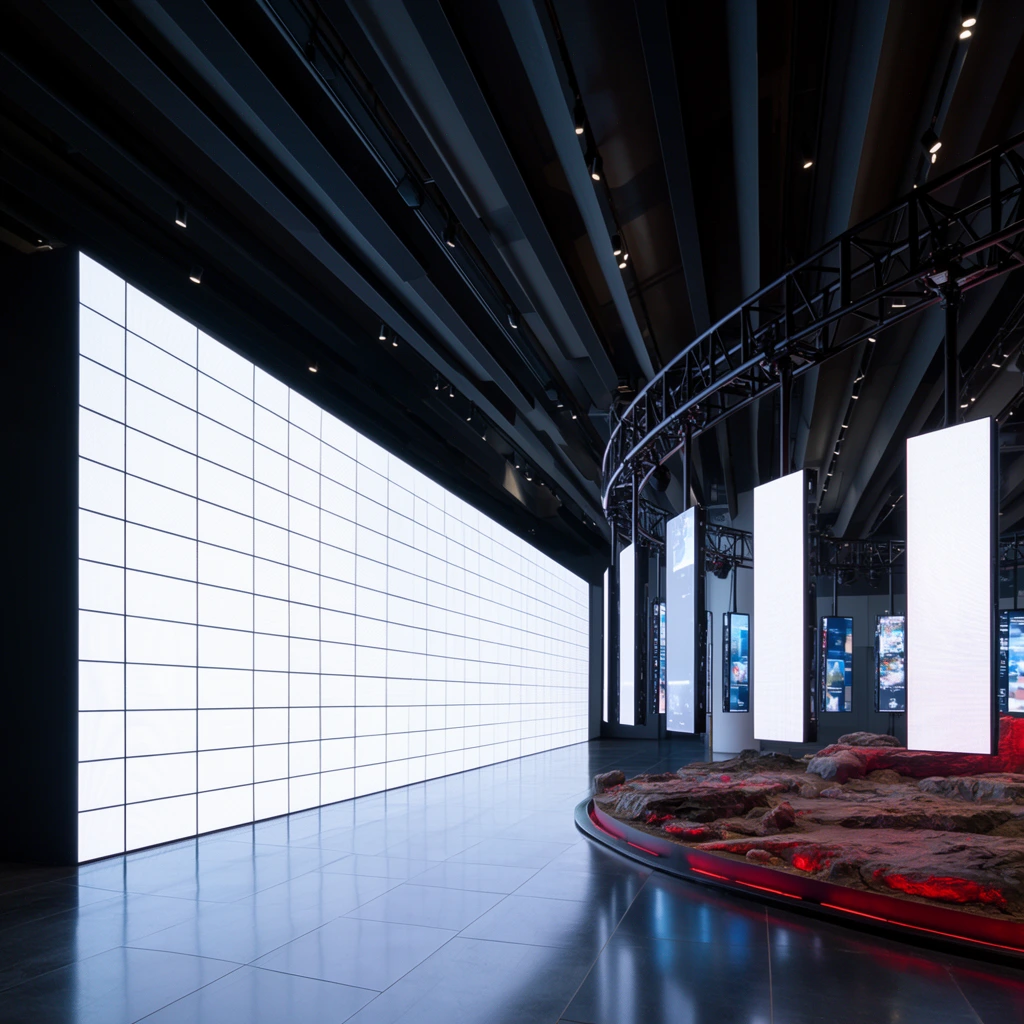 A futuristic exhibition space dominated by a massive, brilliantly glowing white LED wall sectioned into a stark geometric grid. The intense light reflects sharply across a polished dark tile floor. On the right, black metal overhead trussing suspends a circular arrangement of vertical, brightly illuminated digital panels. Inside this ring, a rugged rocky floor display is lit from below with deep red accent lighting. The cavernous ceiling is lined with parallel black architectural baffles and recessed track lighting, completing the high-contrast, immersive environment.