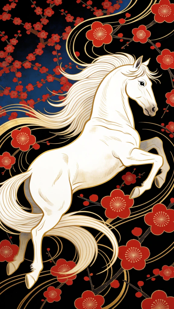 色彩典雅的插画,画面中心一匹发光的白马正在腾跃而起,昂首扬起前腿,长长的毛发如丝线般飞舞缠绕,午夜靛蓝与墨黑背景叠加中国红梅花纹与金色细丝镶边,带微弱中国宫灯勾线,色彩浓郁,奇幻艺术风格,中国传统纹样壁纸设计,高分辨率,马的细节超写实,壮丽的奔马构图,深色背景背景无多余细节,简约清晰的层次,There is no text;超精细,高清,超级细致