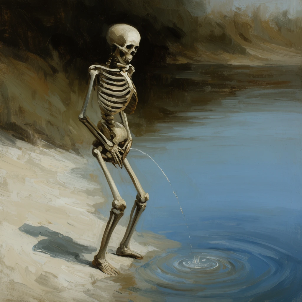 An oil painting of a skeletal figure on a pale shoreline, urinating into a calm blue body of water. The skeleton holds its pelvis while a thin stream creates circular ripples. Expressive brushstrokes and muted earthy tones define the dark, textured background banks.