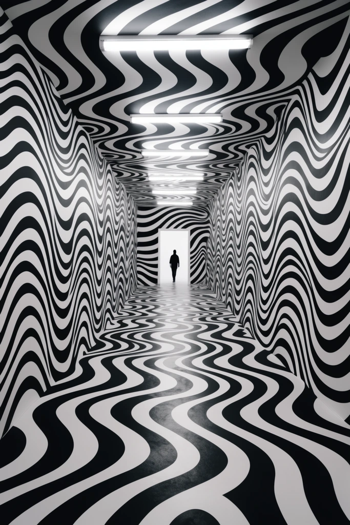 dizzying optical illusion hallway, high-contrast black and white wavy lines covering walls floor and ceiling, undulating op-art pattern, fluorescent overhead tube lights, converging perspective, bright white doorway at the end, distant dark silhouette of a person, disorienting spatial distortion