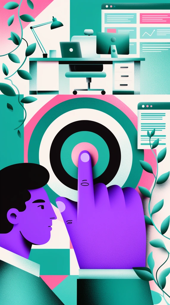 grainy editorial illustration, stylized purple profile pointing, giant hand pressing a target, floating office desk, growing vines, interface windows, geometric teal and pink layout