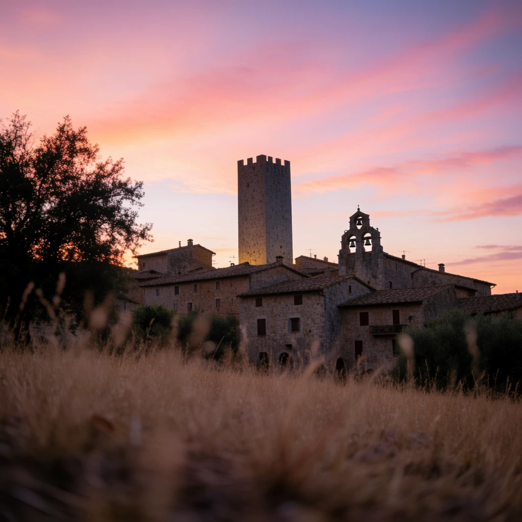 low angle landscape photograph of a medieval stone village at twilight, prominent square crenellated tower, rustic buildings with terracotta roofs, stone bell gable with three bells, large tree silhouette, out-of-focus dry tall grass in foreground, shallow depth of field, vibrant gradient sky of warm pink, purple, and pale blue, wispy clouds, sunset lighting, high contrast silhouettes, cinematic composition