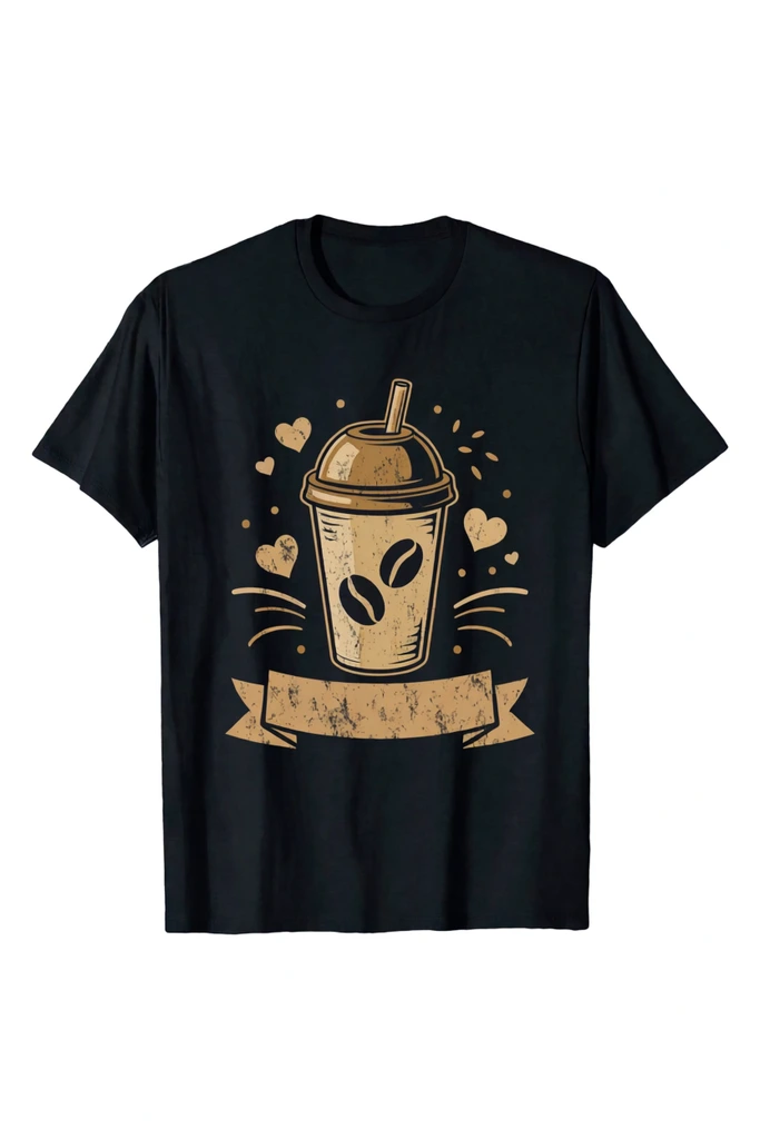 flat lay photography, black short-sleeve crew neck t-shirt, solid white background, centered chest graphic, stylized flat vector illustration, distressed golden-tan monochrome palette, vintage textured finish, drawing of a tall disposable coffee cup, domed lid with a drinking straw, two coffee bean motifs decorating the cup exterior, horizontal folded ribbon banner shape, scattered decorative elements, small solid hearts, floating dots, curved accent lines, high contrast graphic apparel design