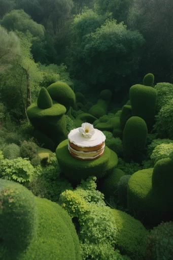 Surrealist Topiary Labyrinths style reference image — vibrant green and crimson palette