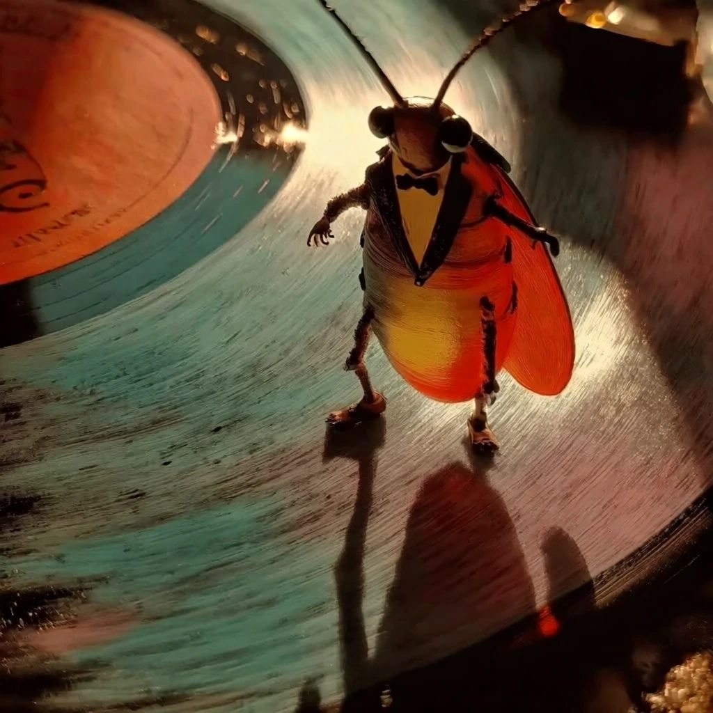 an anthropomorphic cockroach character wearing a miniature tuxedo standing on the grooved surface of a vinyl record, high-angle cinematic perspective, dramatic side lighting casting long exaggerated shadows, surreal miniature photography aesthetic, vibrant color palette of warm orange and deep teal, macro texture, shallow depth of field with soft-focus edges, moody and atmospheric, film grain, tactile materiality.