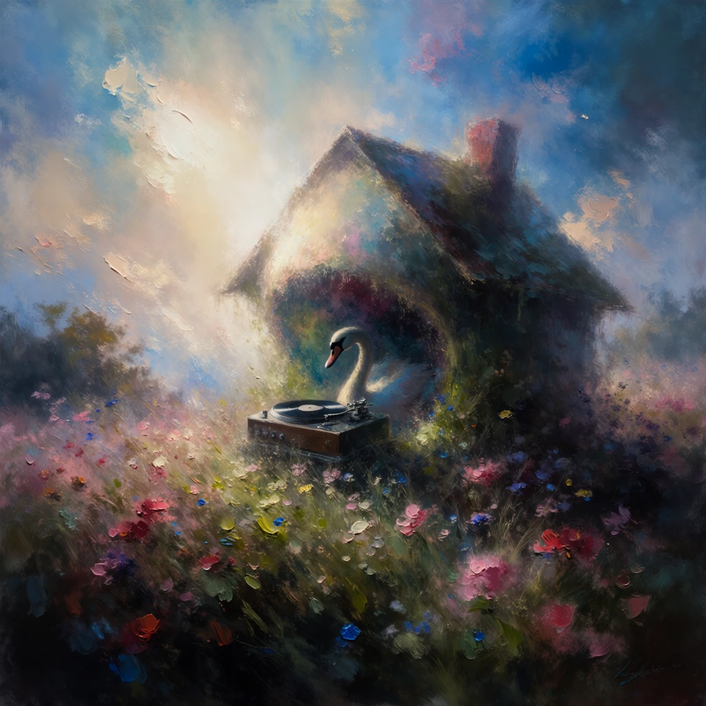 impressionistic oil painting style, thick impasto brushwork, a giant house-shaped creature in a lush field of wildflowers, ethereal backlighting from a radiant sun creating a soft silhouette, inside its wide open mouth a graceful swan operates a vintage record turntable, dreamy hazy atmosphere, vibrant dabs of pink and red and yellow flowers, soft focus, cinematic wide angle, cerulean and cream sky, atmospheric perspective, painterly and textured aesthetic, luminous lighting
