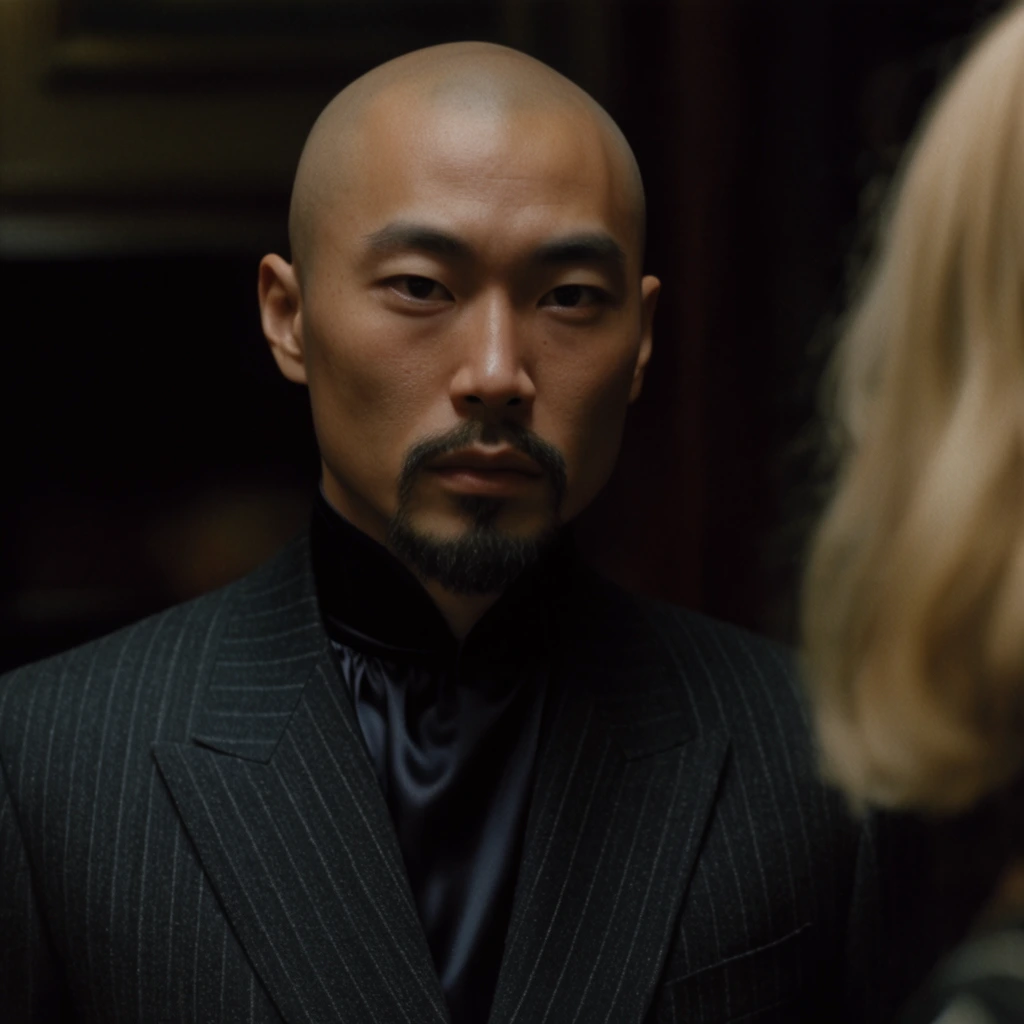 close-up of a bald East Asian man with a neat goatee, intense unblinking stare, wearing a tailored charcoal pinstripe suit and high-collared silk shirt, out-of-focus blonde hair in the right foreground, dark dimly lit interior background, cinematic low-key lighting, soft directional key light on the face, deep shadows, shallow depth of field, 35mm film aesthetic