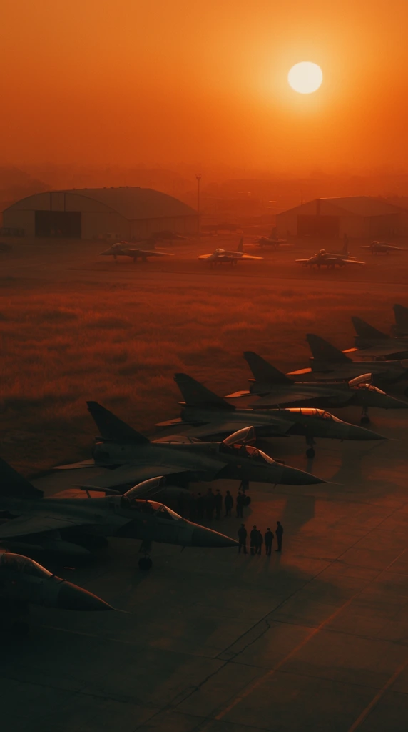 A cinematic wide shot of a military airbase at sunset, drenched in an intense orange haze. A diagonal row of parked fighter jets rests on a concrete tarmac in the foreground. Small silhouetted figures gather near the center aircraft. The background features dry grass, large hangars, and distant parked planes under a hazy, glowing sun. Deep shadows and monochromatic amber tones dominate the atmospheric, film-style composition.