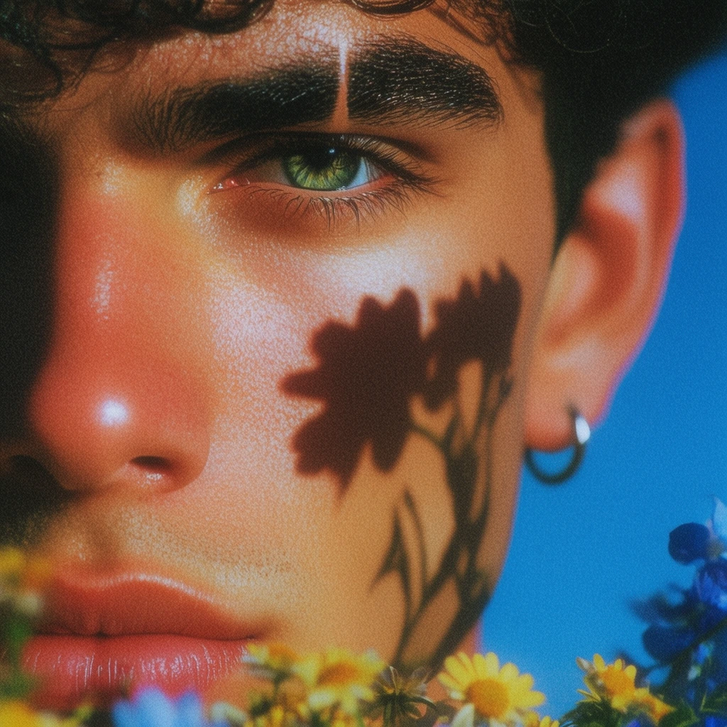 An extreme close-up portrait captures the left half of a young man's face against a vibrant cerulean blue background, featuring a sharp silhouette of a floral shadow cast across his warm cheek. His hyper-detailed green eye stares forward, positioned beneath a thick dark eyebrow with a subtle vertical slit. Direct lighting creates intense glowing highlights on his nose bridge, cheekbone, and full lips. A small silver hoop earring rests in his earlobe below dark curls clinging to his forehead. In the out-of-focus extreme foreground, small yellow daisies and blue flowers frame the bottom edge. The visual style features a hyper-realistic aesthetic defined by a heavy, uniform film grain texture, deeply saturated colors, and high-contrast cinematic lighting.