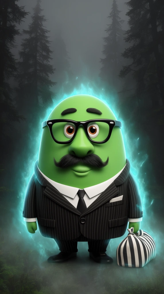 Green oval anthropomorphic character, thick black glasses, mustache, pinstripe suit, striped bag, glowing cyan aura, misty dark pine forest, digital art