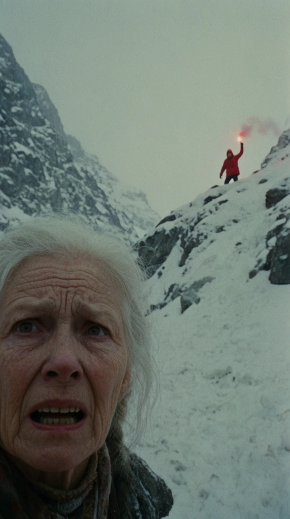 An extreme close-up in the lower left corner reveals an elderly woman with deep facial lines, stark white hair, and a tense, open-mouthed expression of dread. The background expands into a steep, snow-covered mountain pass under a heavy overcast sky. High up on a distant snowy ridge to the right, a small solitary figure in a bright crimson parka waves a flare frantically. The cinematic shot uses a shallow depth of field, vintage 35mm film grain, muted cool colors, and a widescreen aspect ratio to emphasize the vast, perilous distance between the foreground observer and the stranded climber.