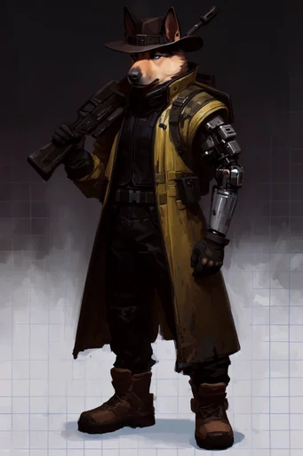 Gritty Atmospheric Concept style reference image — full-body portrait