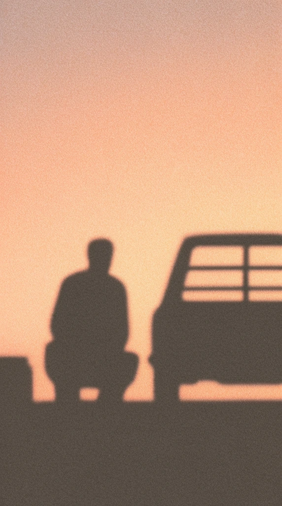 A solid dark brown-grey silhouette of a person sitting next to the segmented shape of a closed garage door, set against a luminous, warm peach and pale orange gradient background. The scene is rendered in a flat, two-dimensional shadow-play aesthetic where the main subjects appear as uniform dark shapes acting as stark, backlit cutouts with soft, slightly blurred edges. A heavy, stippled noise and film grain texture permeates the entire composition, mimicking the appearance of vintage high-ISO photography or a textured paper screen. The diffuse, even backlighting creates a highly graphic, minimalist contrast between the dark foreground elements and the hazy, monochromatic sunset-toned backdrop.