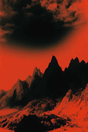 Crimson Kinetic Surrealism style reference image — duotone red and orange