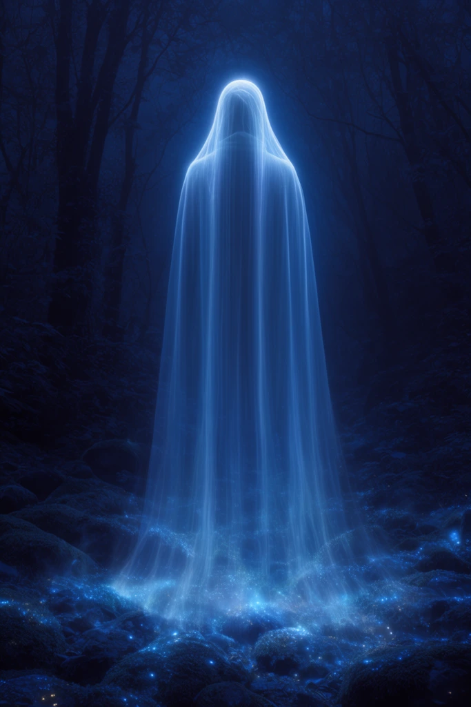 Tall glowing spirit cloaked in a cascading translucent blue veil of light, dark shadowy forest, bioluminescent glow on rocky ground, mystical aura, waterfall effect, monochromatic dark blue