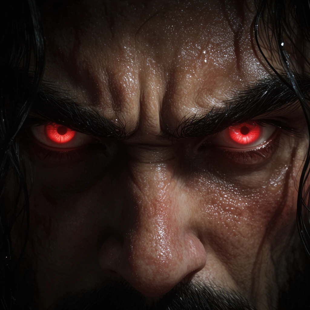 Extreme close-up of a man's deeply furrowed brow and intensely glowing red eyes. Thick dark eyebrows sit above sweat-glistening skin detailed with hyper-realistic pores. Wet strands of dark hair frame his face against heavy shadows, illuminated by cinematic chiaroscuro lighting that captures a fierce, aggressive stare.