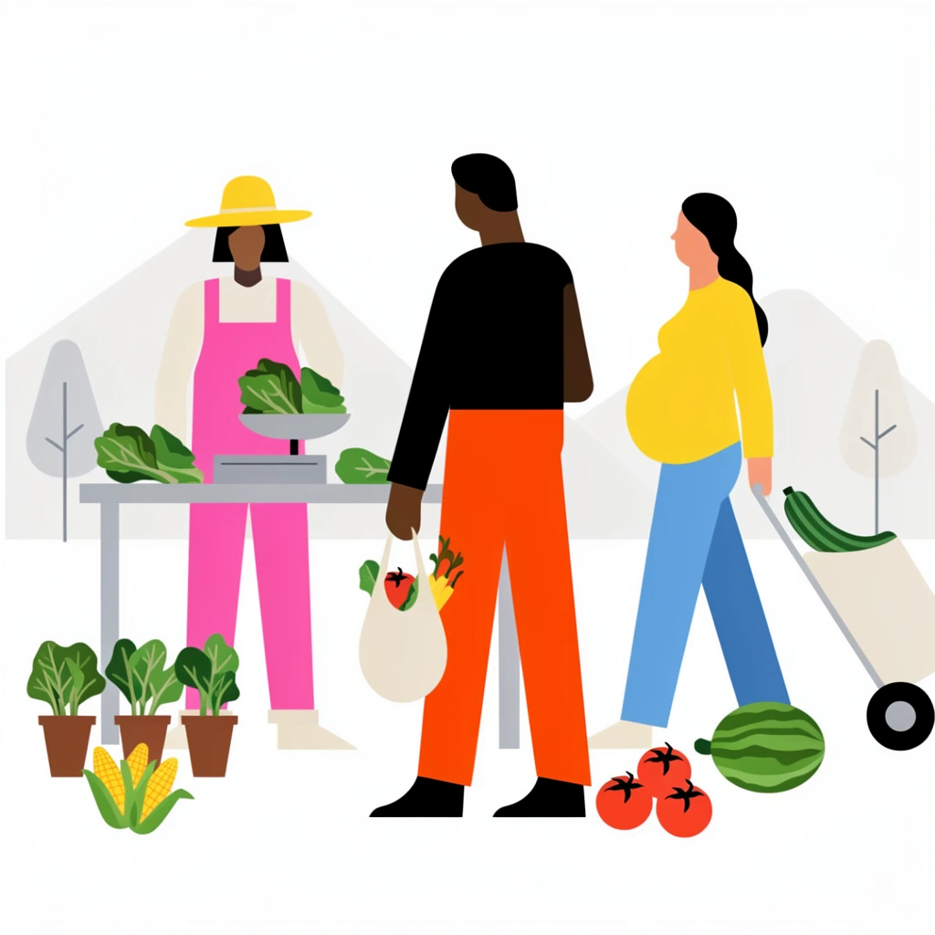 A minimalist flat vector illustration of a farmers market using unshaded geometric shapes and solid colors. A vendor in bright pink overalls and a yellow hat weighs leafy greens on a grey table. A central figure in a black shirt and vibrant orange pants holds a bag of vegetables. To the right, a pregnant woman in a yellow top pulls a wheeled cart holding a zucchini. Surrounding them are potted plants, corn, tomatoes, and a green watermelon, set against a stark white background with simplified light grey mountains and minimalist trees.