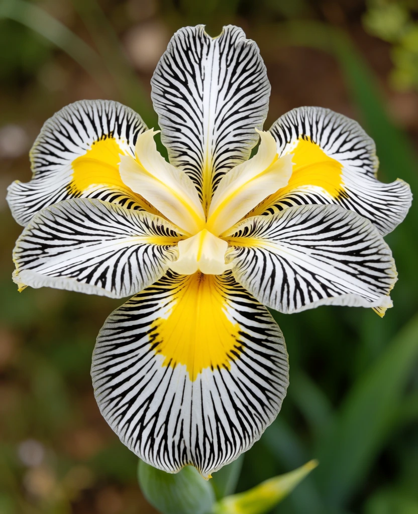 A large iris flower with distinct black and white striped petals and vibrant yellow centers stands prominently against a blurred natural background. Occupying the central portion of the frame, the iris displays a complex structure with three upright inner petals and three larger, drooping outer petals. Every petal is adorned with a dense, rhythmic pattern of thin black lines on a bright white surface, creating a high-contrast, zebra-like appearance. At the base of the three lower petals, a bold splash of sunny yellow radiates outward, intersecting with the black stripes. The center of the blossom contains several smaller, smooth, pale cream-colored style arms that curve outward. Long, blade-shaped green leaves rise vertically from the bottom of the frame, partially framing the flower's stem. The scene is captured in a macro perspective with a shallow depth of field, which keeps the intricate textures of the petals in sharp focus while the background remains a soft bokeh of dark greens, muted browns, and shadowed tones. Natural, even lighting highlights the delicate, slightly ruffled edges of the petals and the matte finish of the leaves, emphasizing the stark color contrast and complex botanical patterns.