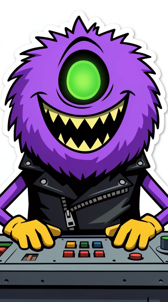 A round, fluffy purple creature with a singular glowing green eye and a wide jagged grin sits behind a metallic control panel. The character wears a black leather jacket, with thin purple arms extending to rest yellow-gloved hands on the edge of the console. The creature stares intensely forward with a crazed expression. Rendered as a flat 2D vector graphic with thick black outlines, bold cel shading, and a white die-cut sticker border wrapping the composition against a blank background.