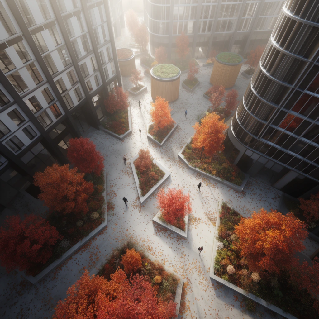 high-angle birds-eye view of a modern urban courtyard in autumn, contemporary buildings with gridded windows and curved facades, angular planters with vibrant orange and red trees, light concrete pavement scattered with fallen foliage, small pedestrians walking, cylindrical wooden structures with green roofs, soft diffused sunlight, atmospheric haze, lighting bloom, architectural visualization, 3D render, wide-angle perspective