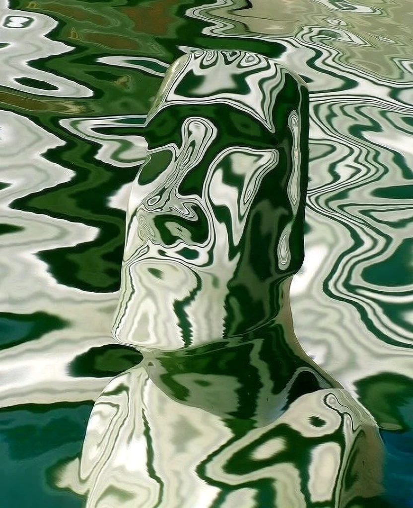 moai statue bust with an elongated head, stylized liquid reflection aesthetic, distorted rippling patterns, organic fluid shapes, high-contrast color palette of deep forest green and creamy off-white, glossy water surface finish, topographic contour lines, psychedelic distortion, smooth undulating curves, liquid metal texture, macro perspective of distorted water ripples, dreamlike surrealist composition, complex interlocking organic forms, sleek polished surface quality