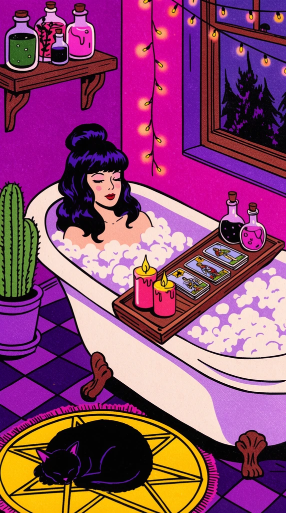 woman with dark purple hair relaxing in a bubble bath, black cat sleeping on a yellow pentagram rug, wooden bath tray with tarot cards and glowing candles, potion bottles, witchy magenta and purple bathroom, string lights, potted cactus, retro pop art illustration, thick black linework, vintage stipple shading, vibrant mystical aesthetic