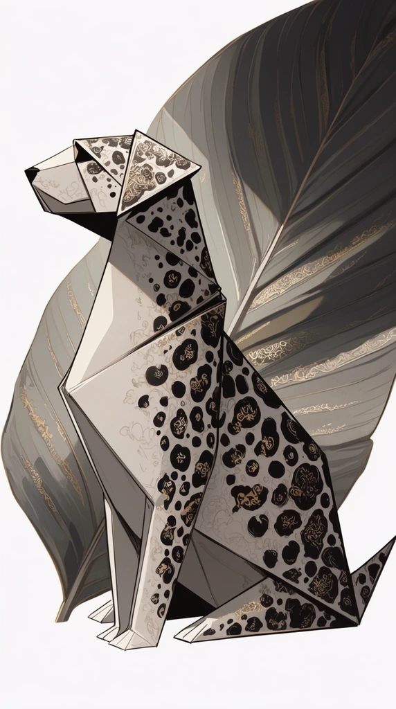 A single folded paper animal adorned with intricate, dark spots, positioned directly in front of a single large, sweeping palm-like leaf, rendered in a sophisticated 2D digital anime concept art style. The folded geometric facets of the paper animal are defined by delicate, razor-sharp black line art and smooth, muted off-white surfaces. The spots on the animal and the structural veins of the broad leaf behind it feature ornate, highly detailed embellishments with subtle metallic gold accents. The color palette is highly controlled and elegant, relying on a high-contrast interplay between deep blacks, warm greys, and pale creams. Crisp, stylized cel-shaded lighting casts sharp, distinct drop shadows across the overlapping paper folds and the sweeping leaf, adding deep volume to the forms. The entire composition is isolated against a stark, pure white background, emphasizing the fine inking, smooth color gradients, and precise illustrative rendering technique.