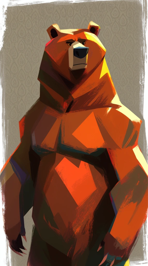 A highly stylized 2D digital illustration of a bear with a muscular, human-like body, rendered in an expressive, angular animation concept art aesthetic. The anthropomorphic bear features exaggerated, geometric proportions, characterized by a boxy, squared-off snout and sharply defined, flat-planed musculature across its broad chest and arms. The artwork utilizes bold color blocking and rough, visible digital brushstrokes that leave textured, painterly edges along the contours of the body. Intense, directional lighting casts stark, hard-edged geometric shadow shapes across the bear's fur and torso, creating stark value contrasts against vibrant, saturated highlights. The figure is set against a flat, muted background textured with a subtle, repeating ornamental teardrop pattern, while the outer edges of the square canvas are framed by rough, dry-brush white strokes.