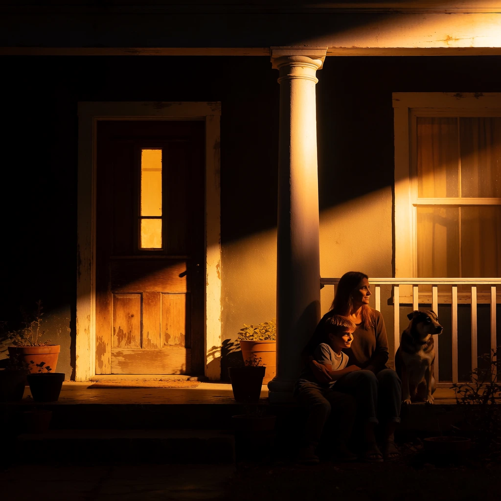 cinematic chiaroscuro, a singular dramatic diagonal shaft of golden amber light piercing an absolute obsidian void, illuminating a porch with a woman and boy sitting with a dog, a weathered door, a classical column, a window, potted plants catching the glow, ethereal rim lighting, soft bloom on silhouettes, thick atmospheric haze within the light ray, high-contrast textures, vast minimalist negative space above, moody transcendent aesthetic, tyndall effect, golden hour color palette.