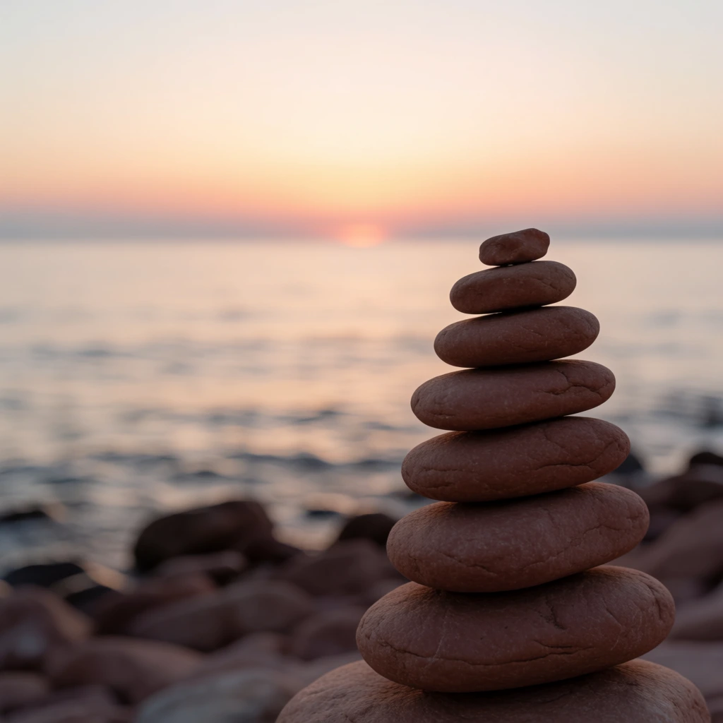 A balanced stack of smooth, reddish-brown stones dominates the right foreground in sharp focus, set against a blurred coastal sunset. Seven progressively smaller, rounded rocks form a precarious cairn tapering to a tiny pebble at the apex. Behind the structure, a shallow depth of field softens a rocky shoreline and a vast, gently rippling body of water. The distant horizon glows with a gradient of pale peach, muted orange, and light blue as a sliver of the sun touches the water. The composition employs a shallow focal plane and warm, diffused golden-hour lighting to highlight the matte texture of the stones against the serene, out-of-focus seascape.