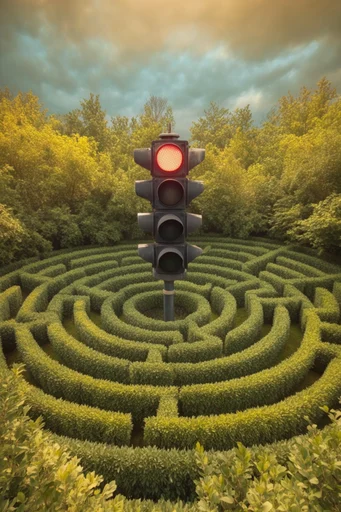 Surrealist Topiary Labyrinths style reference image — manicured geometric hedges