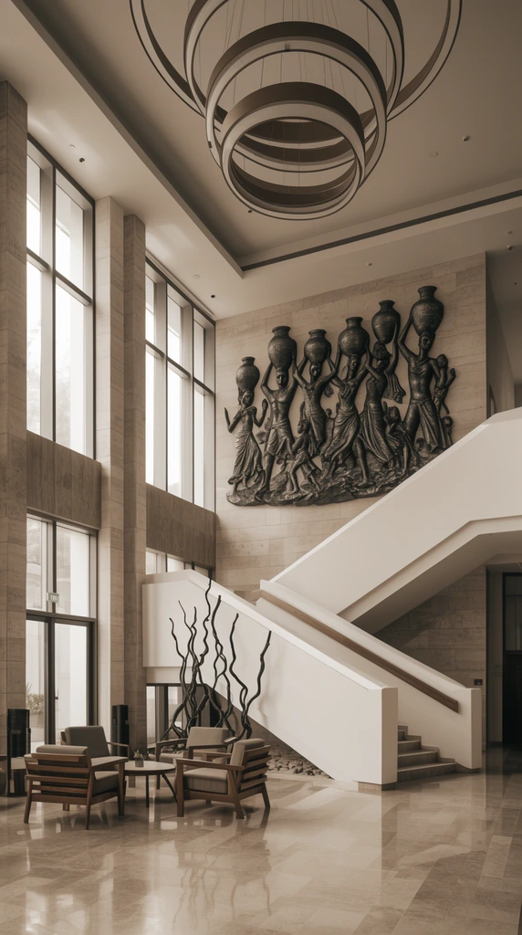 spacious modern atrium interior, large dark metallic wall relief sculpture of figures carrying vessels and dancing, high ceiling with modern circular ring chandelier, multi-level staircase with solid white angular banisters, tall windows framed by stone pillars, seating area with wooden armchairs, polished tile floor, dark twisted branch sculptures leaning against the staircase base, wide-angle architectural photography, soft natural daylight, desaturated warm color palette