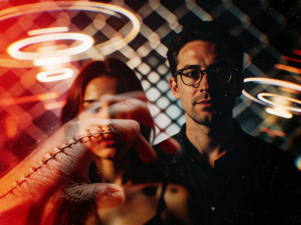 man with glasses on the right, woman on the left, macro stitched hand in the blurred foreground left, heavy analog film grain, gritty high-iso noise, high-contrast chiaroscuro, saturated red-to-orange light wash, deep pitch black shadows, ethereal concentric light trails and elliptical lens aberrations in the background, soft-focus edges, mysterious noir atmosphere, vivid color-to-black gradient, intense cinematic lighting