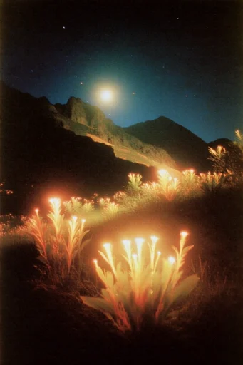 Luminous Nocturnal Chiaroscuro style reference image — bioluminescent flora