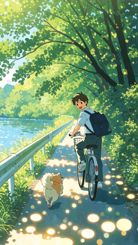 A lush forest, a student riding a bicycle with a smile, a cute dog running next to him, a summer, a gentle landscape.