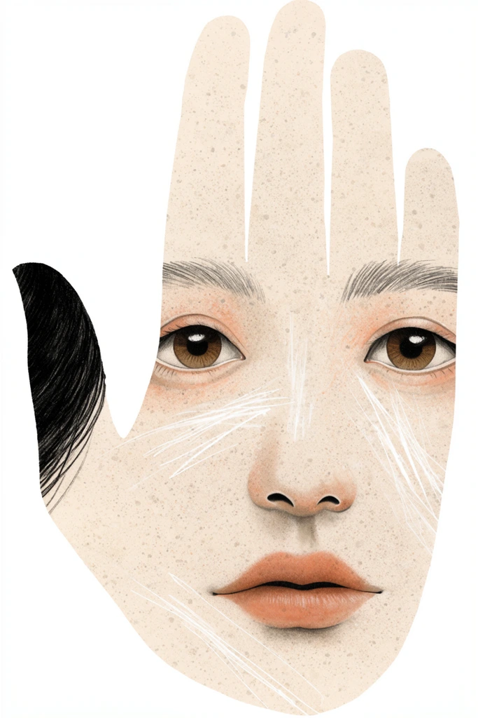 surreal woman's face within an open hand silhouette, pale speckled skin, brown eyes, upward fingers, dark thumb hair, white facial scratches, textured illustration, white background