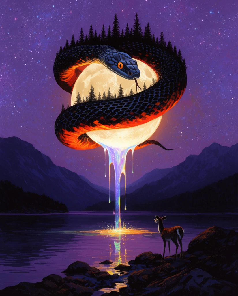 Surreal illustration, giant snake coiled around a glowing moon, snake back covered in pine forest silhouettes, fiery orange underbelly, luminous liquid dripping from moon into a dark lake, starry purple sky, dark mountains, small deer on rocky shore looking up