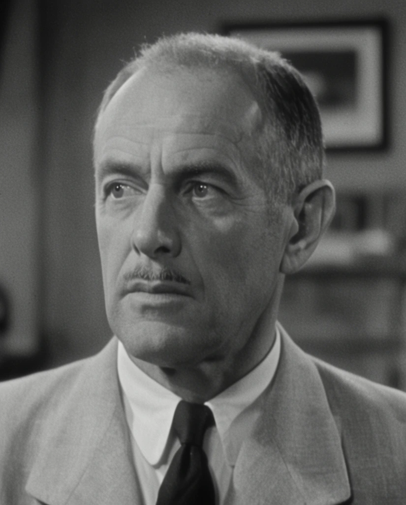 black and white cinematic portrait, older man with short receding hair and thin mustache looking off-camera left, light suit jacket, white shirt, dark tie, serious expression, shallow depth of field, blurred indoor background with framed picture, soft vintage lighting, film grain