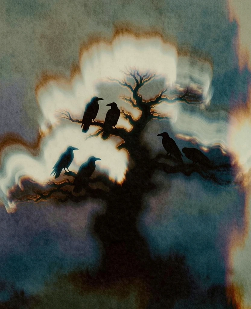 silhouette of a gnarled leafless tree with crows perched in its branches, high-contrast dark form, ethereal glowing white aura radiating with soft motion-blurred light trails, heavily textured film grain, painterly and lo-fi aesthetic, muted palette of deep indigo and slate blue, warm amber and orange light leaks bleeding from the edges, experimental photography style, surreal and moody atmosphere, soft focus, grainy paper-like finish, atmospheric and haunting