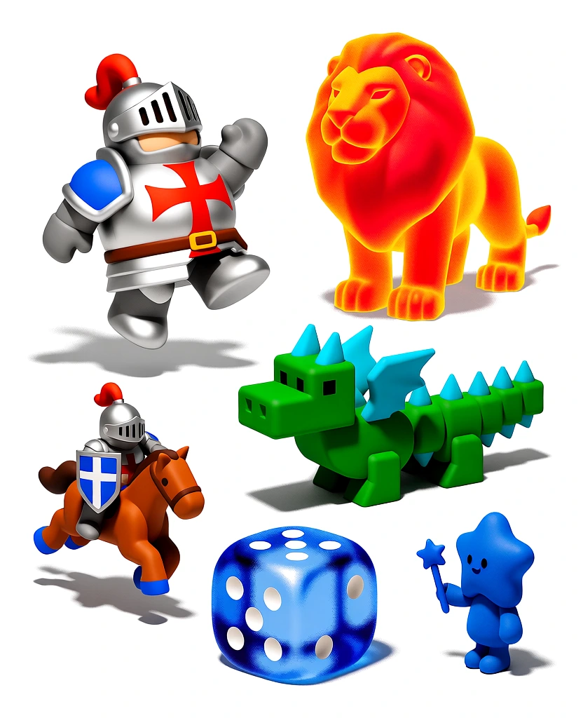 isolated on white, nostalgic n64-era cgi render style, chunky bulbous knight in polished plate armor, dynamic leaping pose, a majestic lion composed of glowing grainy energy, stippled airbrush textures, vibrant saturated color palette, soft-edged high-contrast shadows, playful toy-like proportions, matte clay-like surfaces, translucent ethereal glow with visible noise, clustered isometric composition, crisp studio lighting, 3d pre-rendered game art aesthetic
