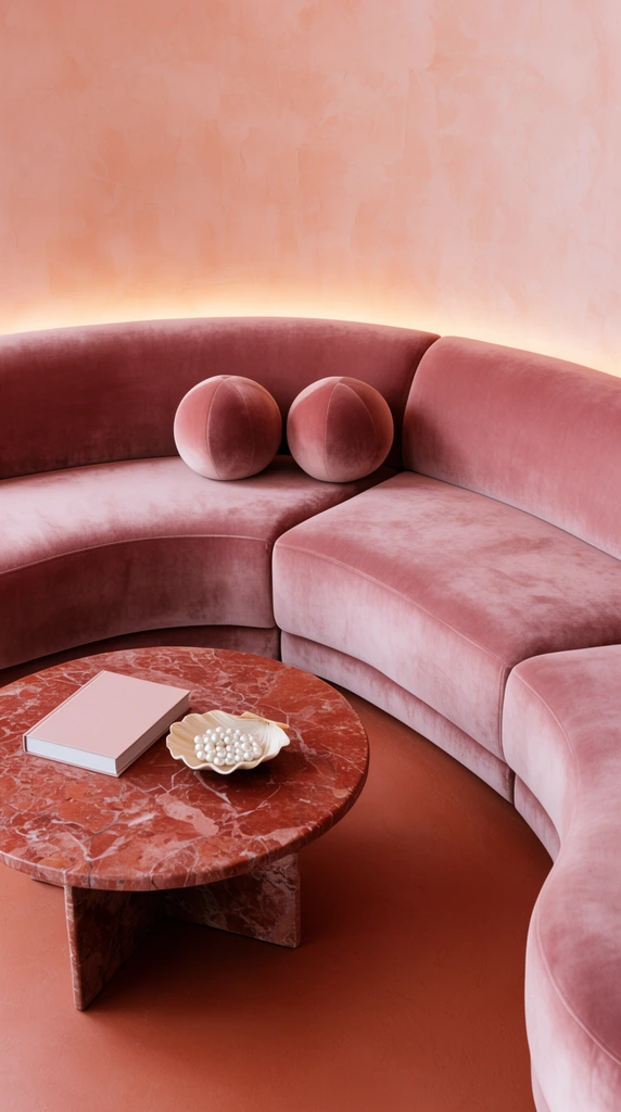 A curved dusty rose velvet sectional sofa follows the contour of a softly lit, textured peach plaster wall. Two spherical velvet pillows rest on the plush seat. A low, round, reddish-brown veined marble coffee table with a cross-shaped base holds a closed book and a shell-shaped dish containing small white pearls. Warm concealed cove lighting glows behind the sofa. The high-angle interior photography highlights a monochromatic blush color palette, organic rounded shapes, and a matte terracotta floor.