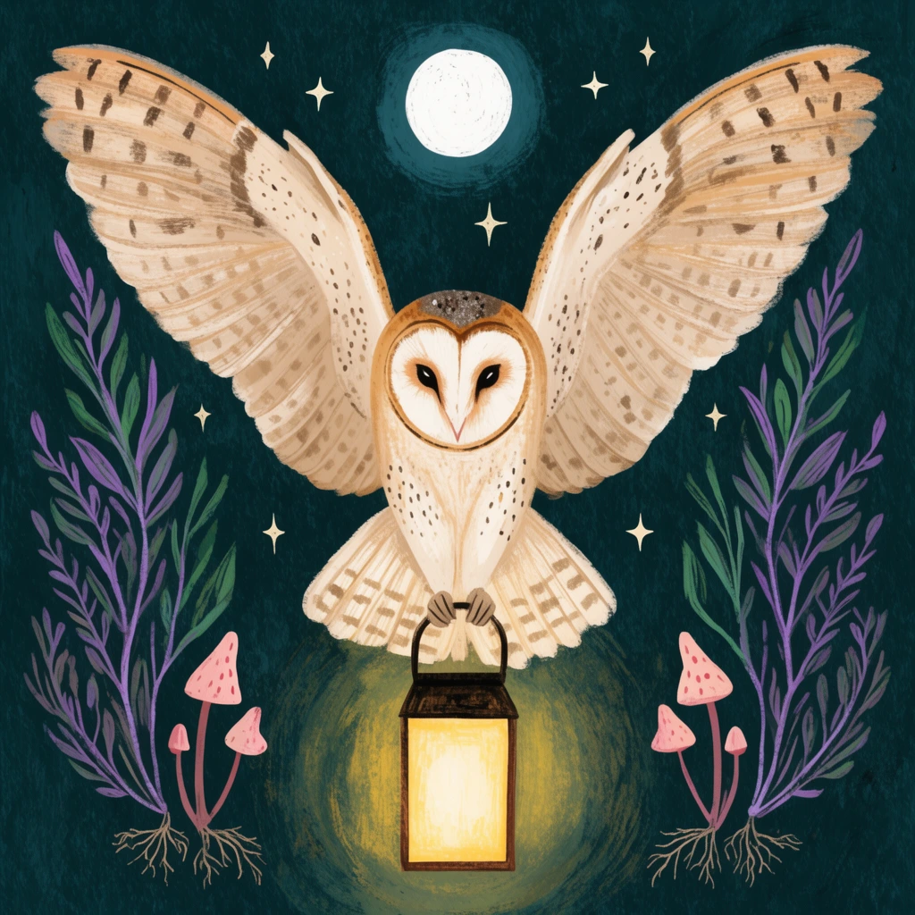 symmetrical illustration of a flying barn owl with upward extended wings, grasping a glowing rectangular lantern in its talons, speckled beige and brown feathers, flanked by arching purple and green botanical stems, small pink mushrooms with roots, dark teal night sky, centered white full moon, scattered four-pointed stars, warm yellow radiance from the lantern, magical folk art aesthetic, textured brushstrokes, earthy palette