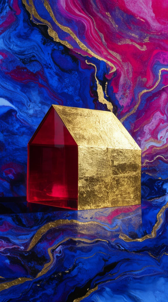 minimalist gold leaf house with semi-transparent crimson side, abstract swirling fluid art background, vivid ultramarine and magenta marbled textures, metallic gold veins, mixed media 3D collage, jewel tones