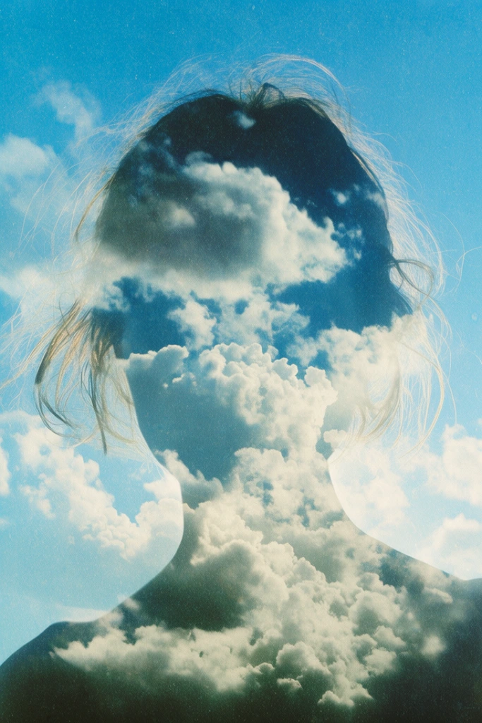 Double exposure silhouette of a head and shoulders filled with white clouds, matching bright blue sky background, loose hair, ethereal surrealism, vintage film grain