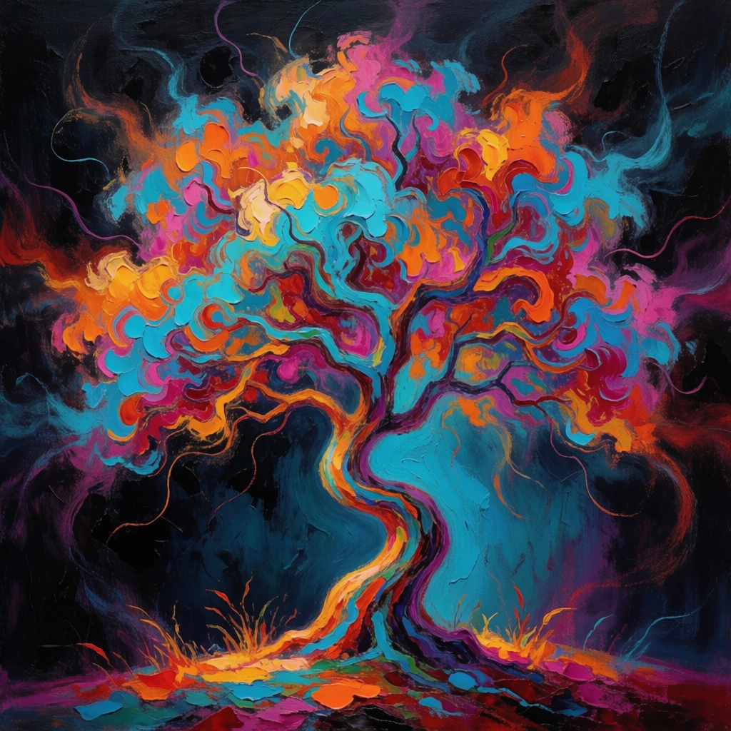 a single stylized tree centered with a sinuous winding trunk and distinct foliage clusters, growing from a small patch of uneven ground with sparse grass, rendered in high-energy painterly impasto, explosive swirling wisps of electric cyan and fiery orange and deep magenta, ethereal kinetic smoke-like filaments radiating from the canopy, internal luminescence against an obsidian backdrop, thick textured brushwork, high-contrast psychedelic chiaroscuro, visceral chromatic energy