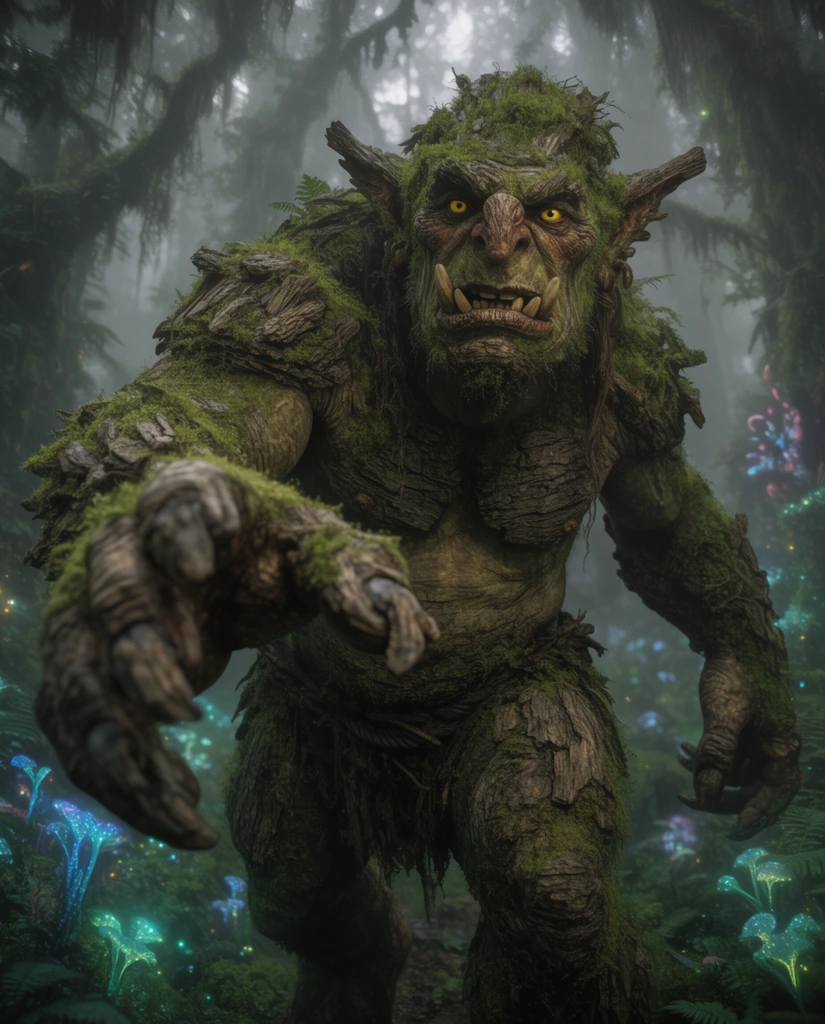 hulking moss-covered forest troll, rough bark-like skin, bright yellow eyes, reaching a massive wooden claw directly toward the lens, dense misty ancient forest background, glowing bioluminescent flora, cinematic lighting, wide angle close-up, shallow depth of field, dark fantasy aesthetic, hyper-detailed