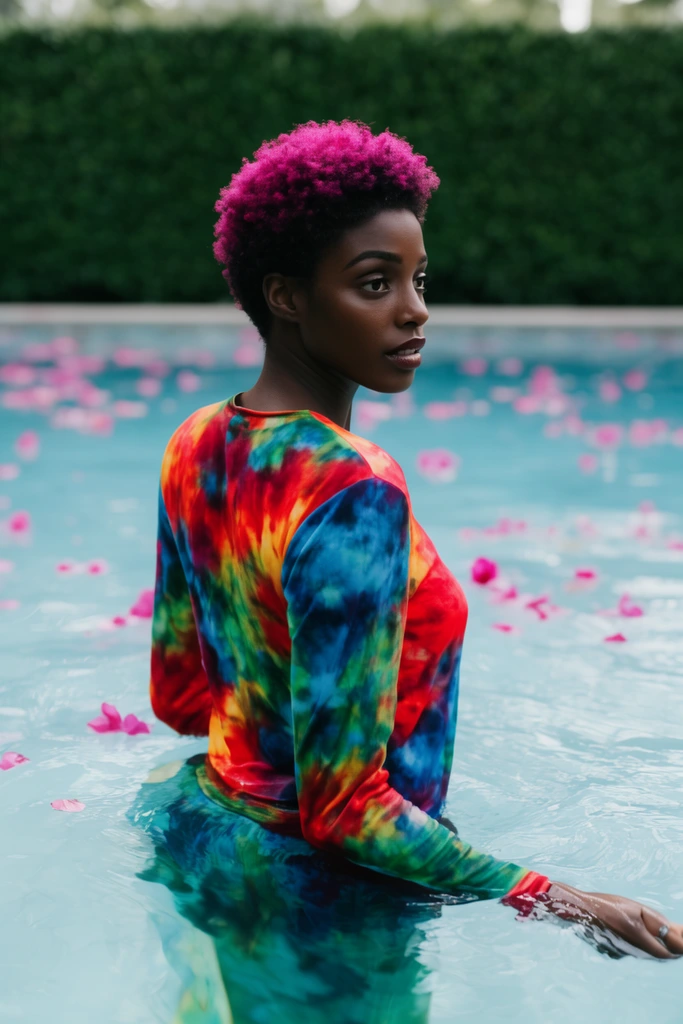 A Black woman stands waist-deep in a light blue swimming pool, glancing over her right shoulder. She wears a vibrant long-sleeved tie-dye top blending bold red, blue, green, and yellow. Her short coiled hair transitions to bright magenta at the crown. Her hand lightly grazes the water. Pink flower petals float across the surface. A blurred dark green hedge spans the background. Cinematic photography captures vivid colors and shallow depth of field.