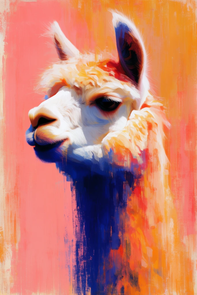 abstract expressionist portrait of an alpaca in profile, heavy distressed vertical brushstrokes, vibrant surreal colors, deep indigo blue neck and chin shadows, intense white facial highlights, warm salmon pink and golden orange textured background, rough blended canvas edges, high contrast lighting