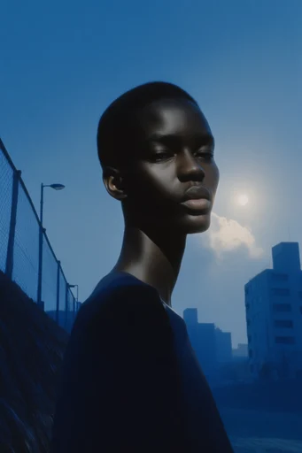Minimalist Azure Futurism style reference image — high-contrast portraiture