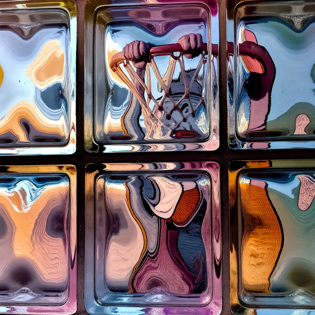 close-up macro grid of six thick architectural glass blocks, distorted and warped reflections of vibrant cartoon characters in athletic gear, a rabbit character clenching a basketball hoop rim, liquid aesthetics with high-gloss finish, wavy lines and refractive chromatic distortion, warm sunset oranges and cool electric blues, thick dark mortar lines, iridescent sheen, expressive fluid shapes, high contrast, cinematic lighting, polished pop-art vibe, warped perspective.